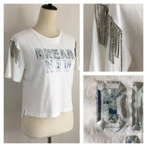 GUESS Short Sleeve White Blue Silver DREAM NOW Print Rhinestone Chain Crop Shirt